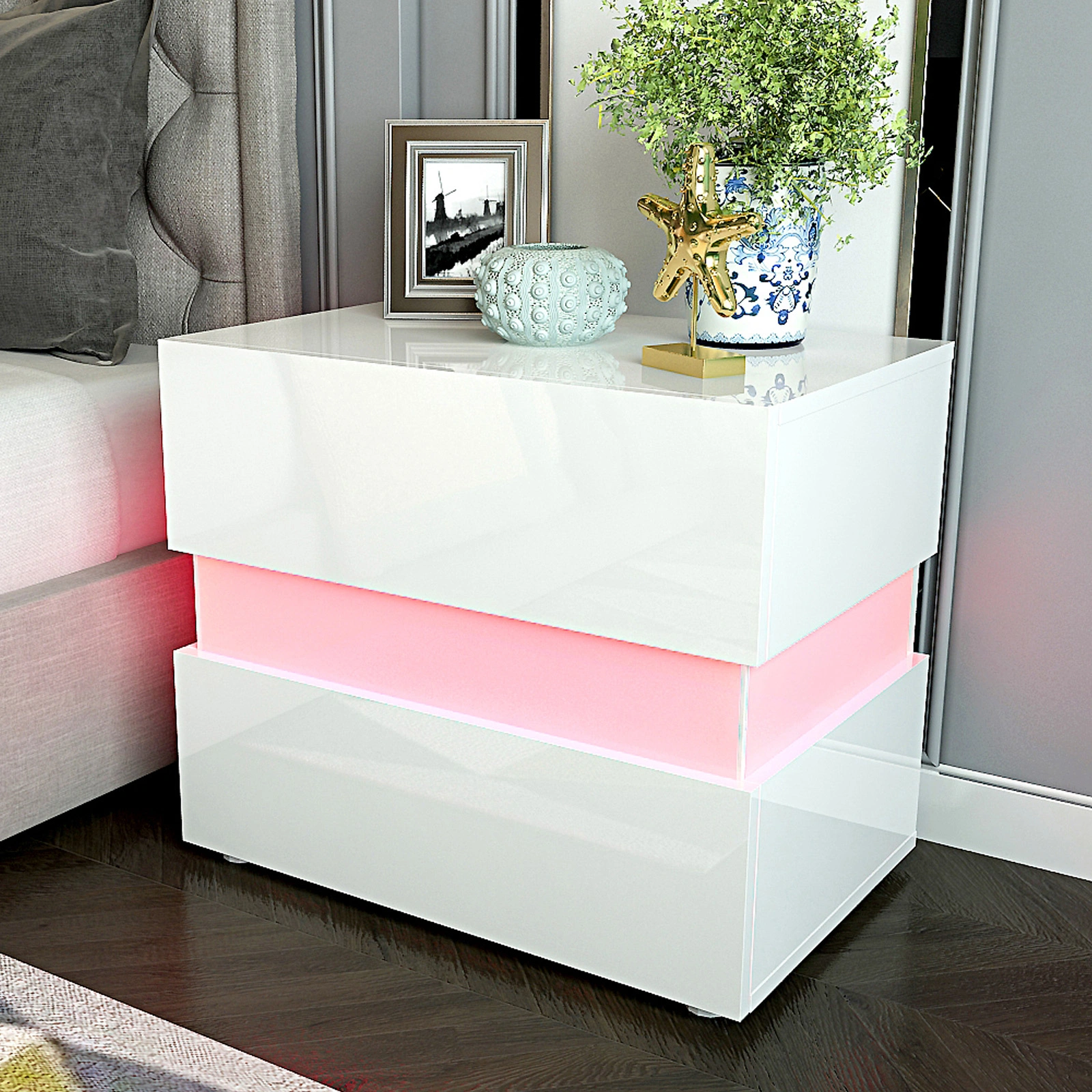Modern Bedside Table with 2 Drawers, Storage Shelf, Sleek Wood Grain Finish, Compact Nightstand for Bedroom, Living Room, or Hallway