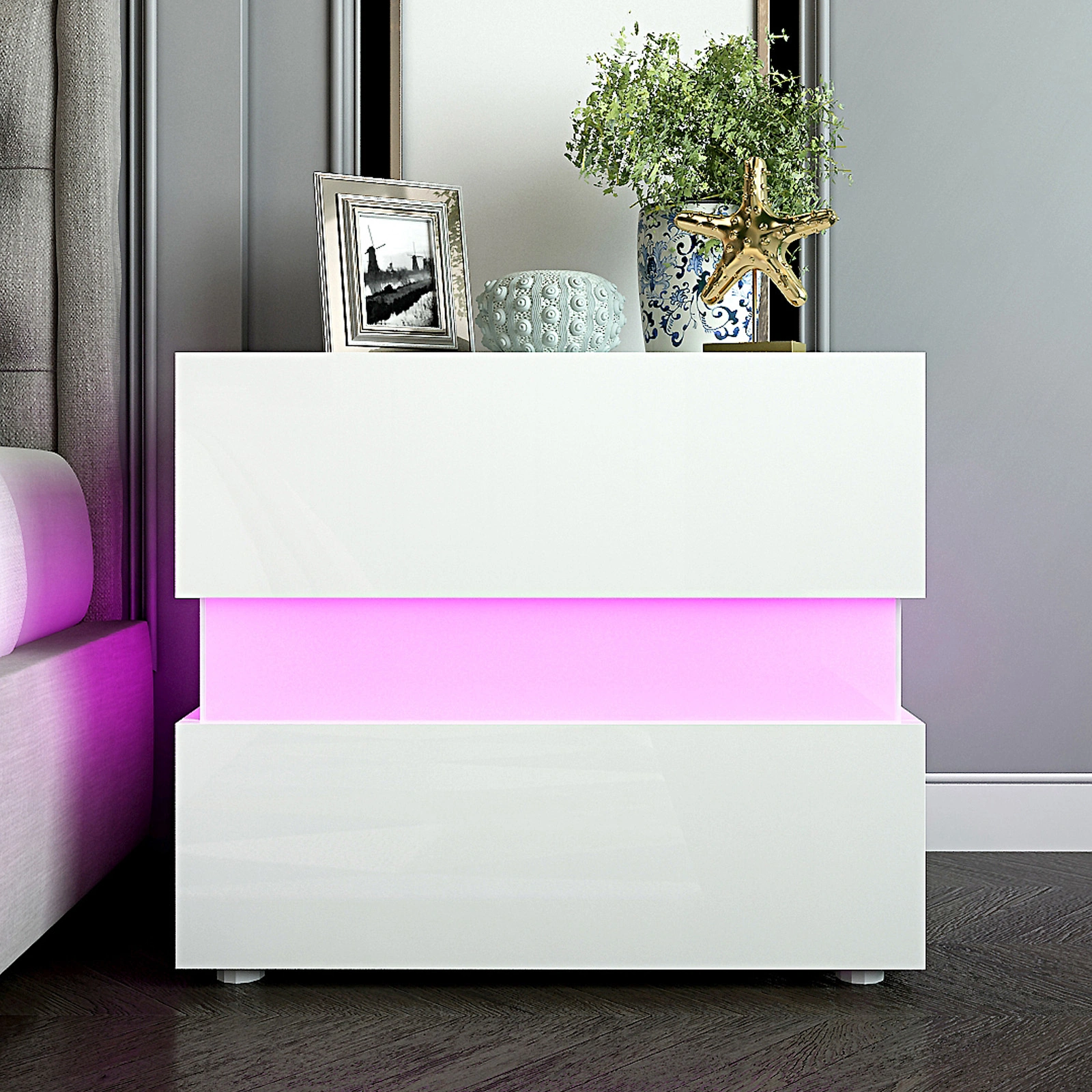Modern Bedside Table with 2 Drawers, Storage Shelf, Sleek Wood Grain Finish, Compact Nightstand for Bedroom, Living Room, or Hallway view 2