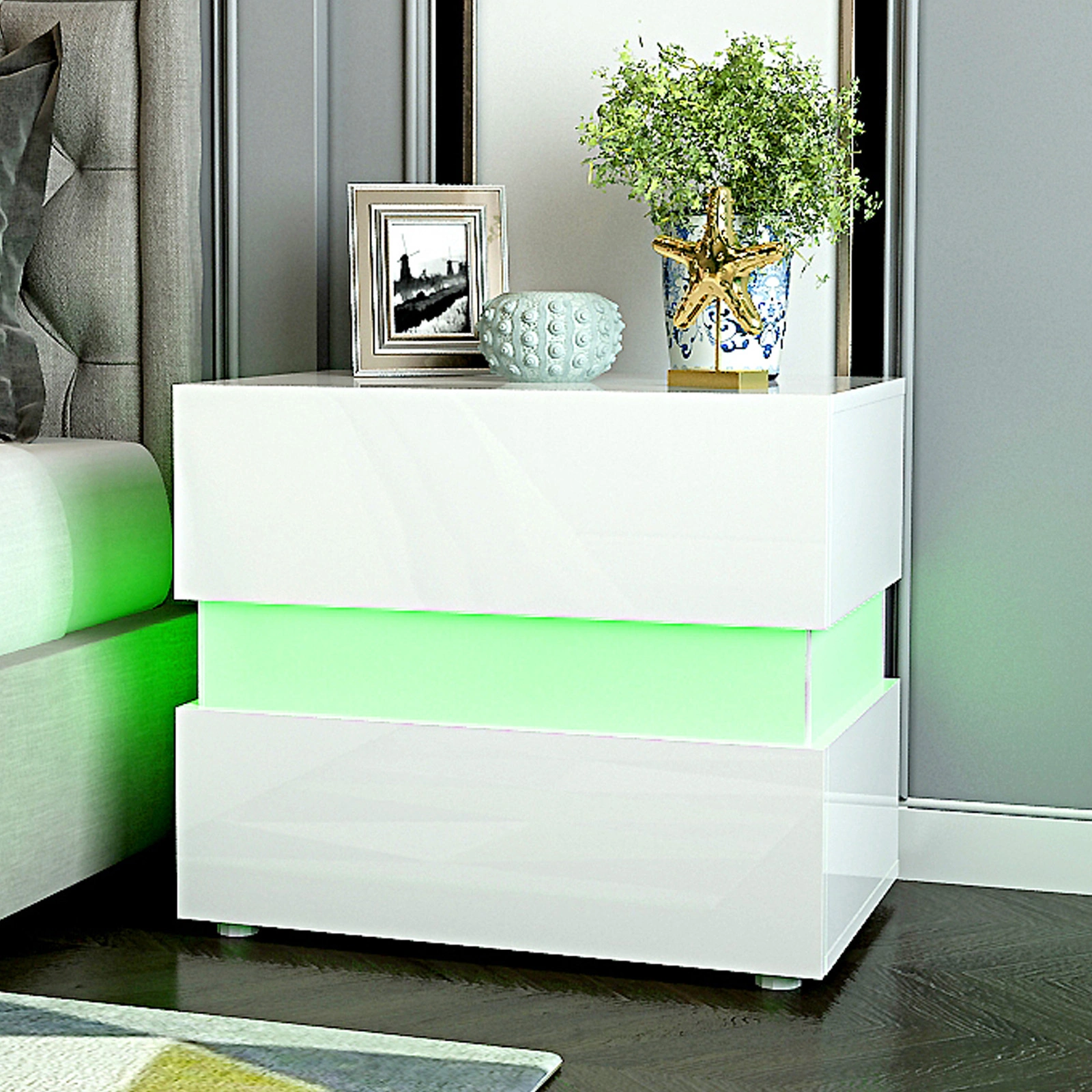Modern Bedside Table with 2 Drawers, Storage Shelf, Sleek Wood Grain Finish, Compact Nightstand for Bedroom, Living Room, or Hallway view 3