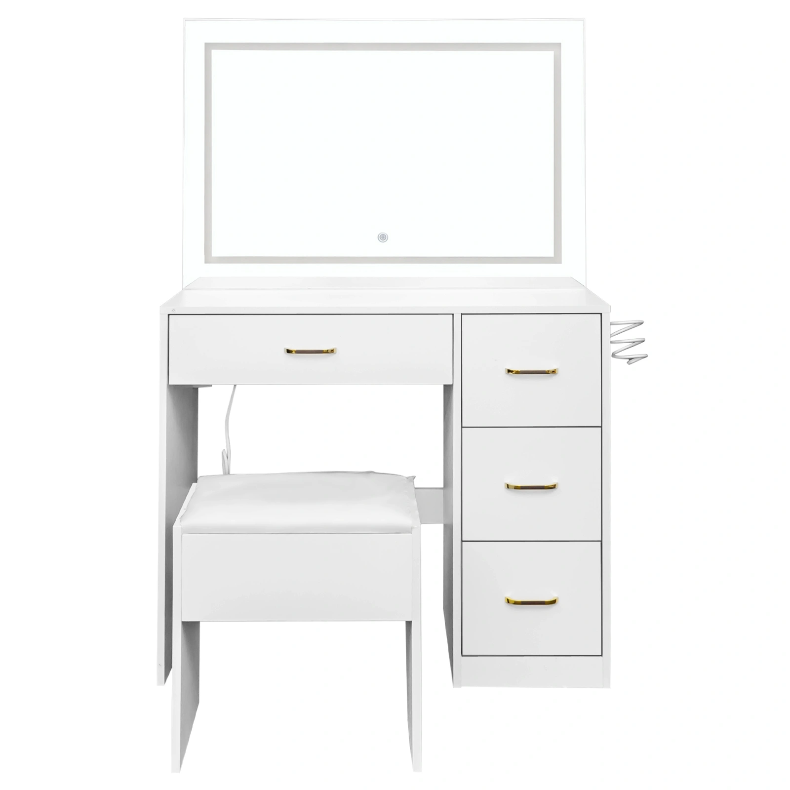 White Dressing Table Set, 4 Drawers, 2 Side Storage Racks, LED Touch Mirror, Power Strip, Hair Dryer Holder, Hemp Surface Particle Board view 3
