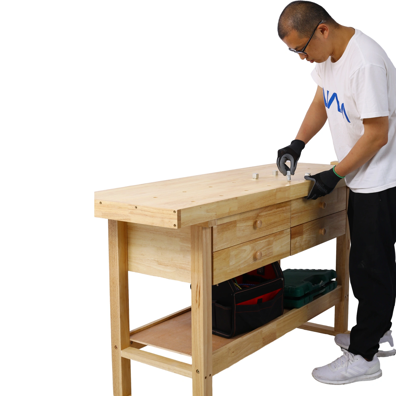 60 Inch Workbench with 4 Drawers, Wooden Workstation for Garage & Workshop, Heavy Duty Cast Iron Vise 7" Jaw, Gray view 10