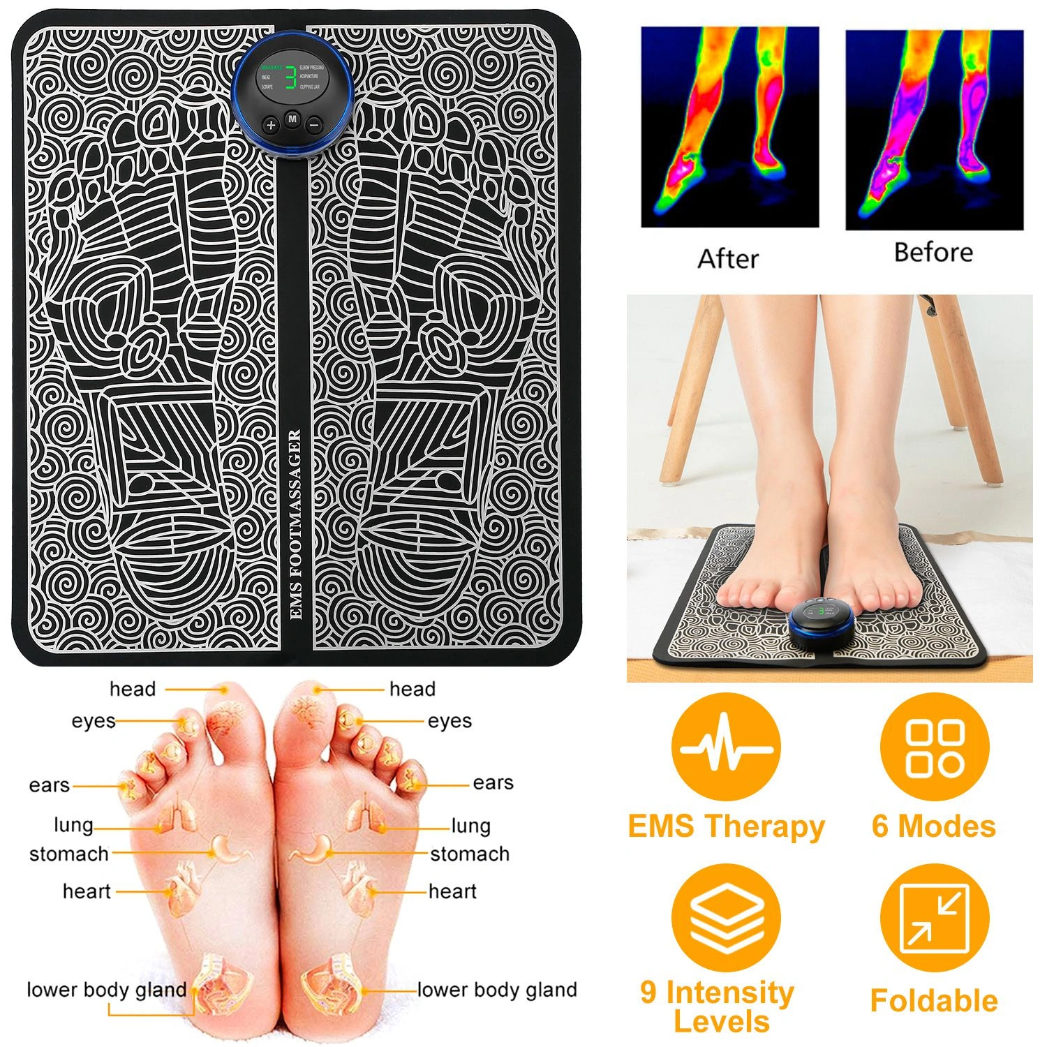 EMS Foot Massage Pad Electric Stimulator Rechargeable Muscle Pain Relief Massage Mat 6 Modes 9 Intensity Levels Leg Reshaping view 6