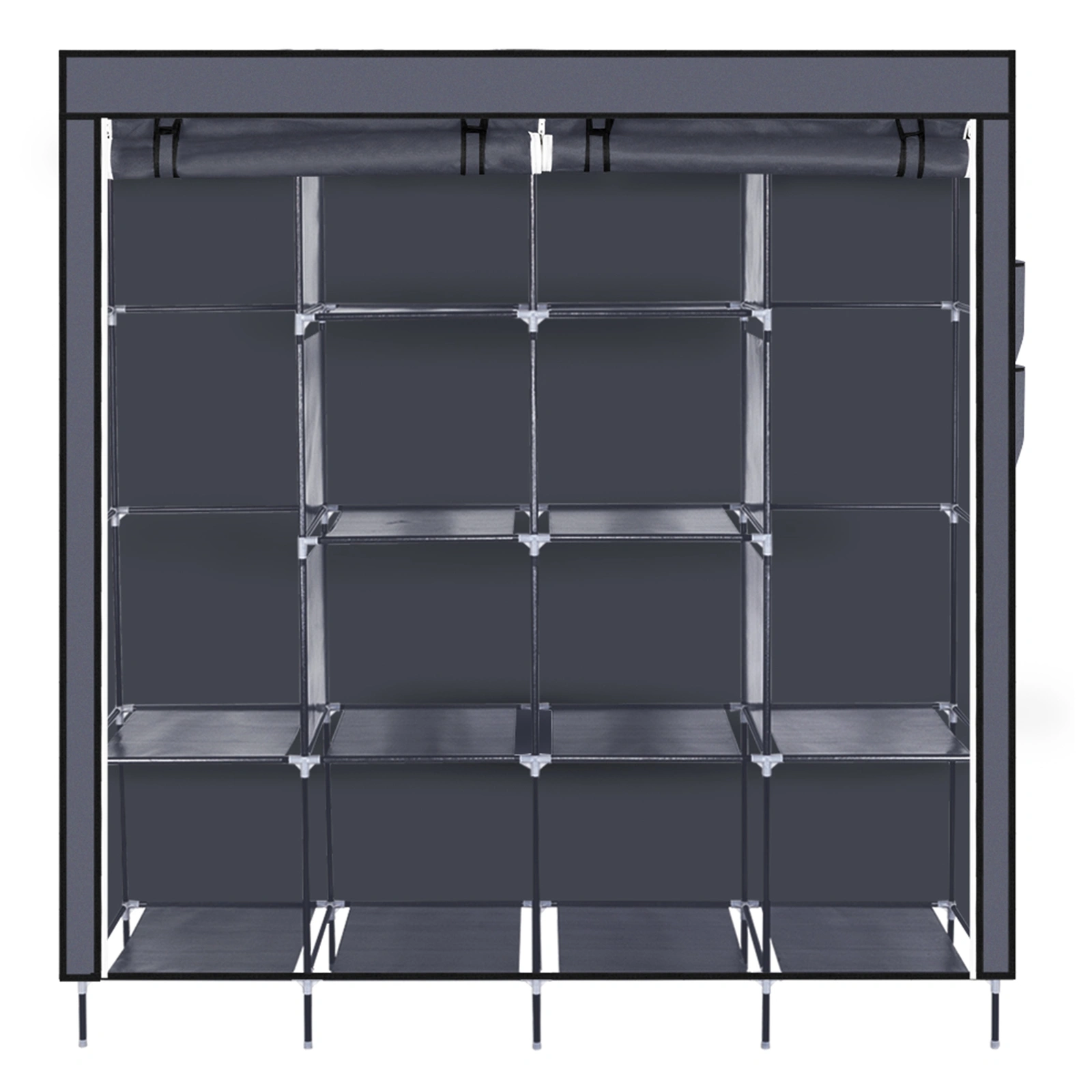 67" Clothes Closet Portable Wardrobe Clothes Storage Rack 12 Shelves 4 Side Pockets Gray view 10