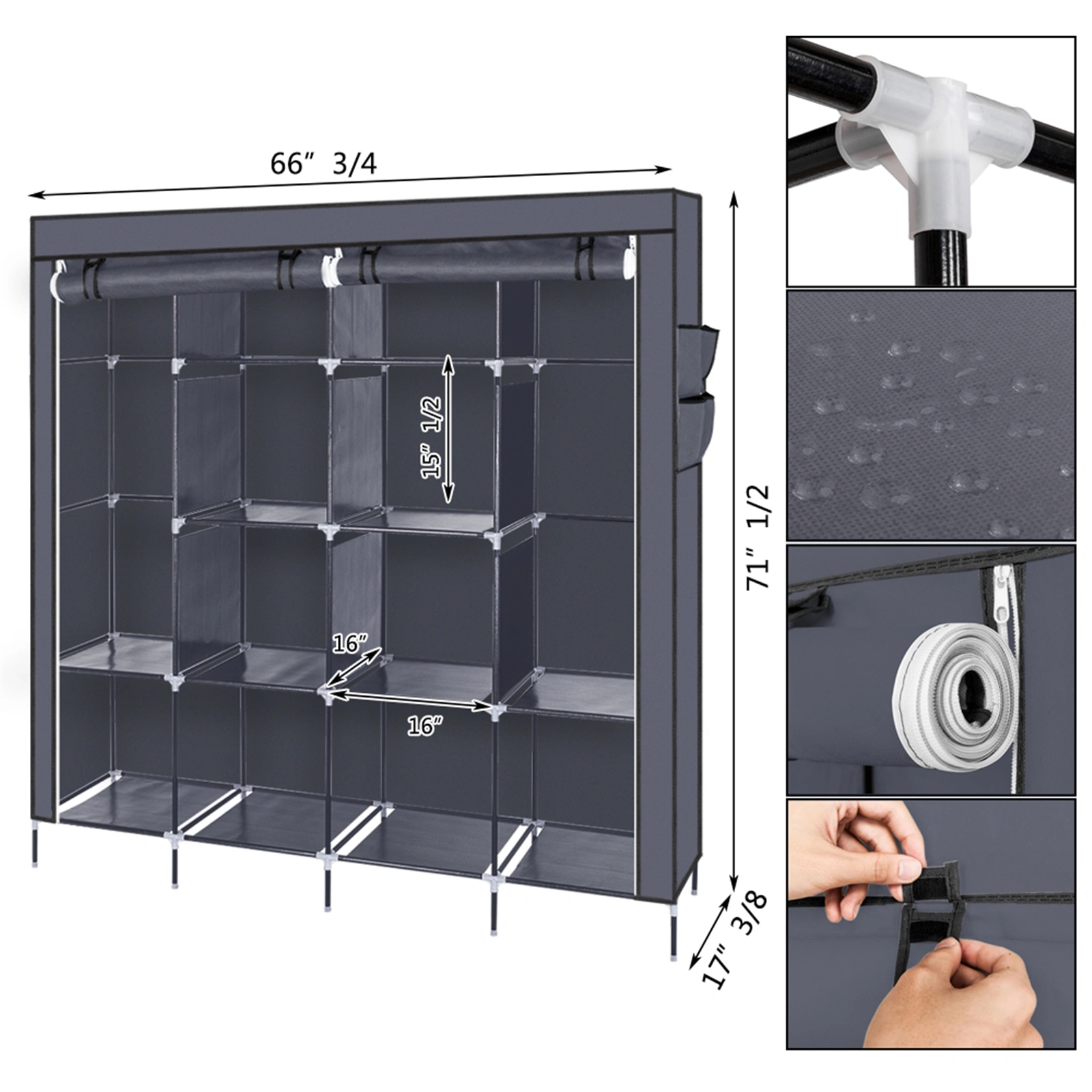 67" Clothes Closet Portable Wardrobe Clothes Storage Rack 12 Shelves 4 Side Pockets Gray view 12