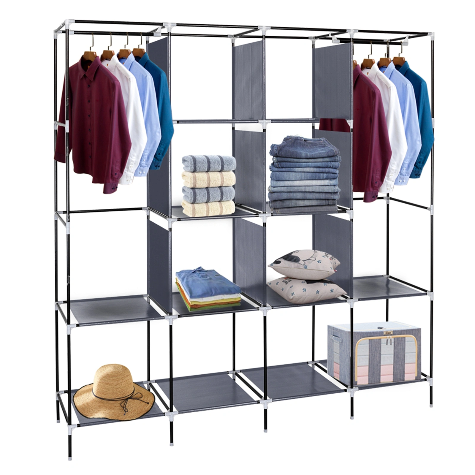 67" Clothes Closet Portable Wardrobe Clothes Storage Rack 12 Shelves 4 Side Pockets Gray view 13