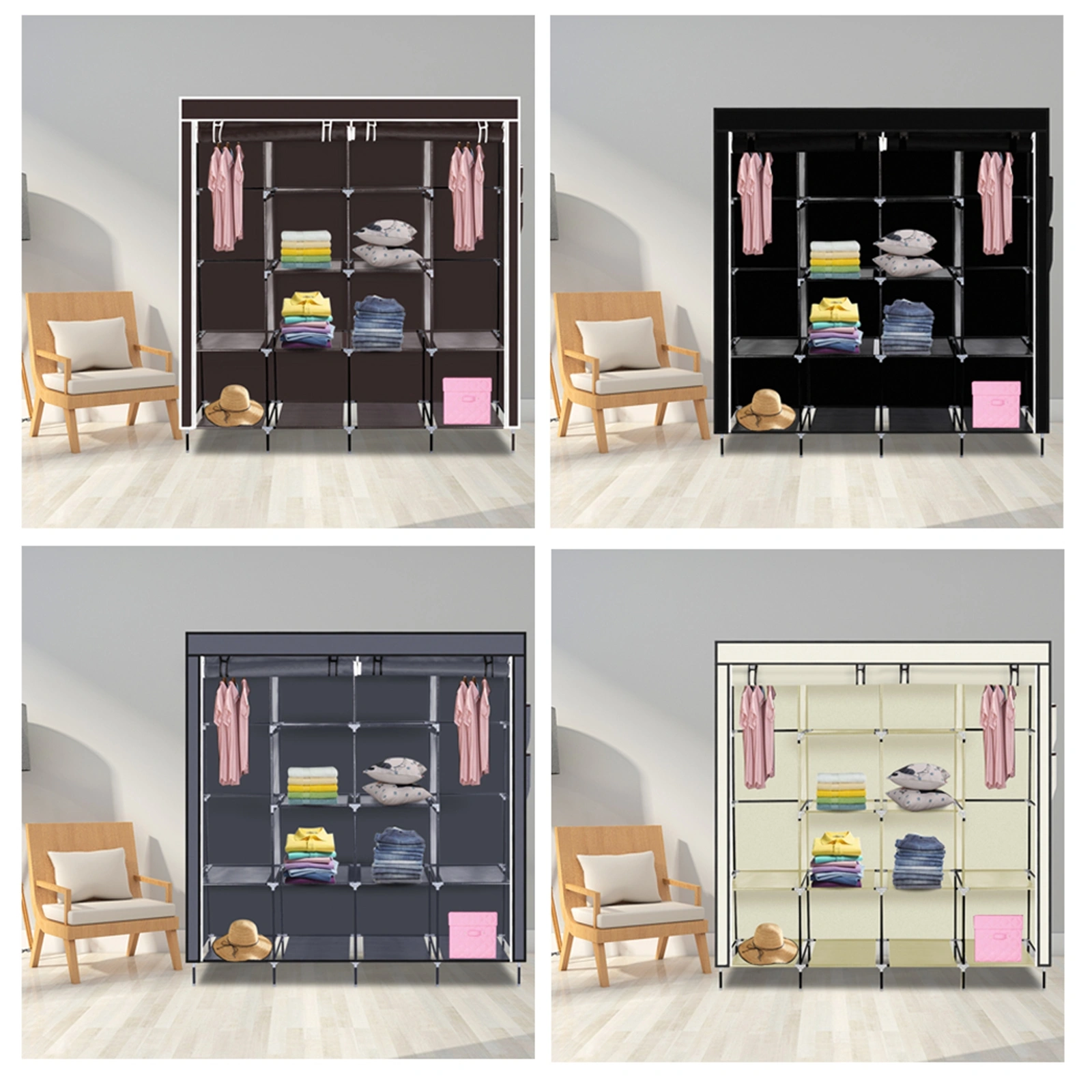 67" Clothes Closet Portable Wardrobe Clothes Storage Rack 12 Shelves 4 Side Pockets Gray view 15