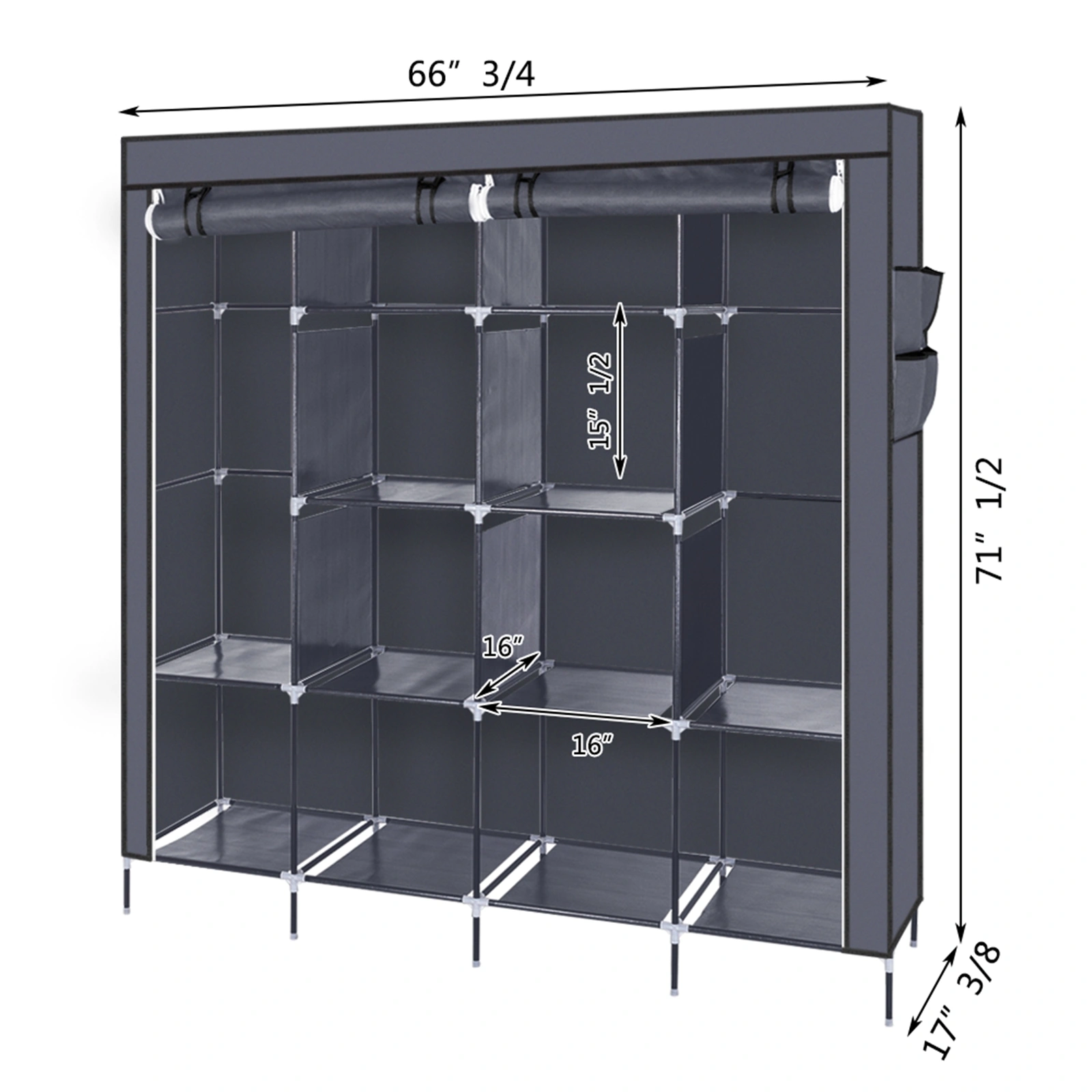 67" Clothes Closet Portable Wardrobe Clothes Storage Rack 12 Shelves 4 Side Pockets Gray view 21