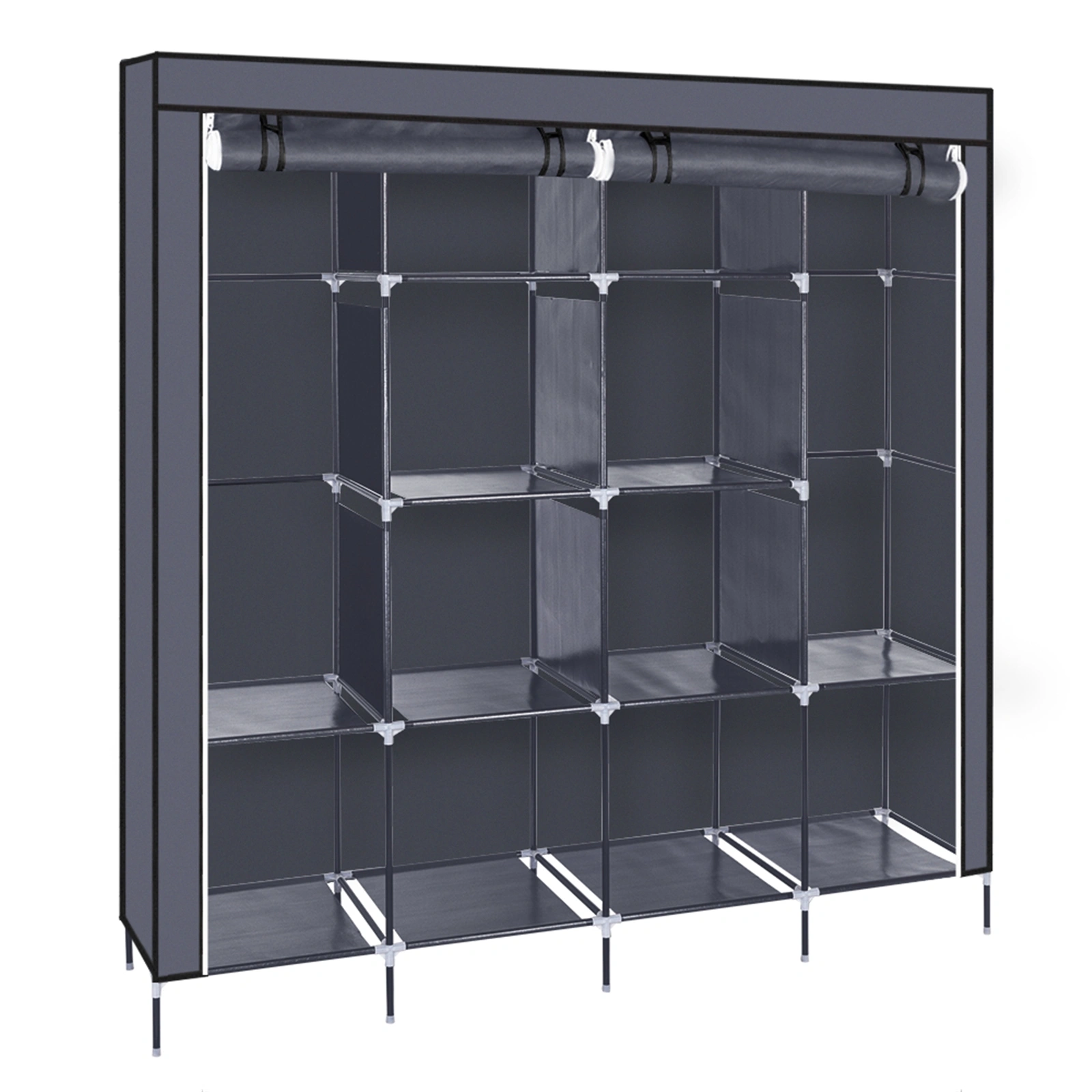 67" Clothes Closet Portable Wardrobe Clothes Storage Rack 12 Shelves 4 Side Pockets Gray view 23
