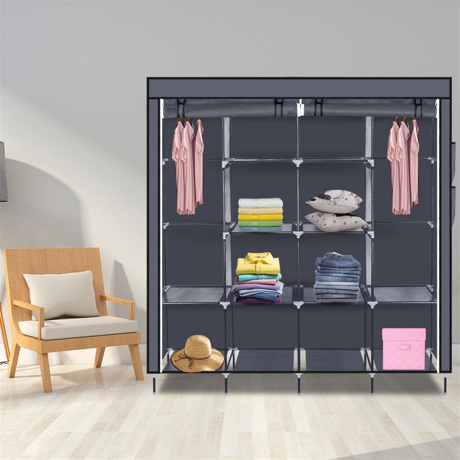 67" Clothes Closet Portable Wardrobe Clothes Storage Rack 12 Shelves 4 Side Pockets Gray view 25