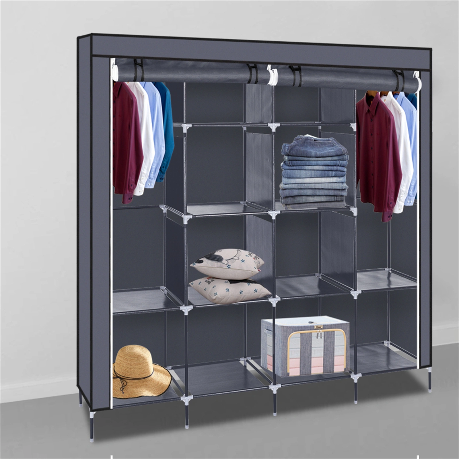 67" Clothes Closet Portable Wardrobe Clothes Storage Rack 12 Shelves 4 Side Pockets Gray view 26