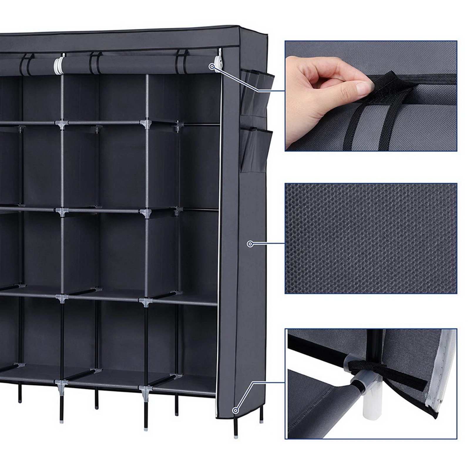 67" Clothes Closet Portable Wardrobe Clothes Storage Rack 12 Shelves 4 Side Pockets Gray view 3