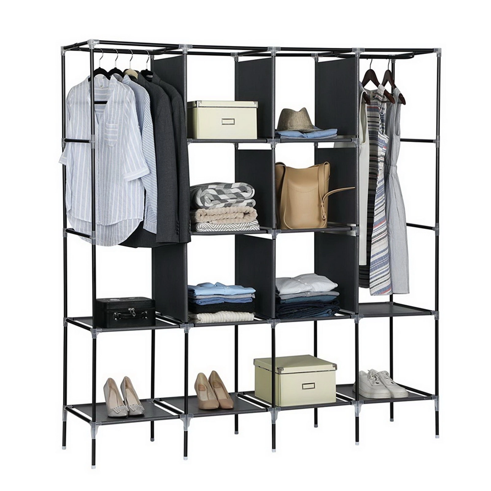 67" Clothes Closet Portable Wardrobe Clothes Storage Rack 12 Shelves 4 Side Pockets Gray view 4