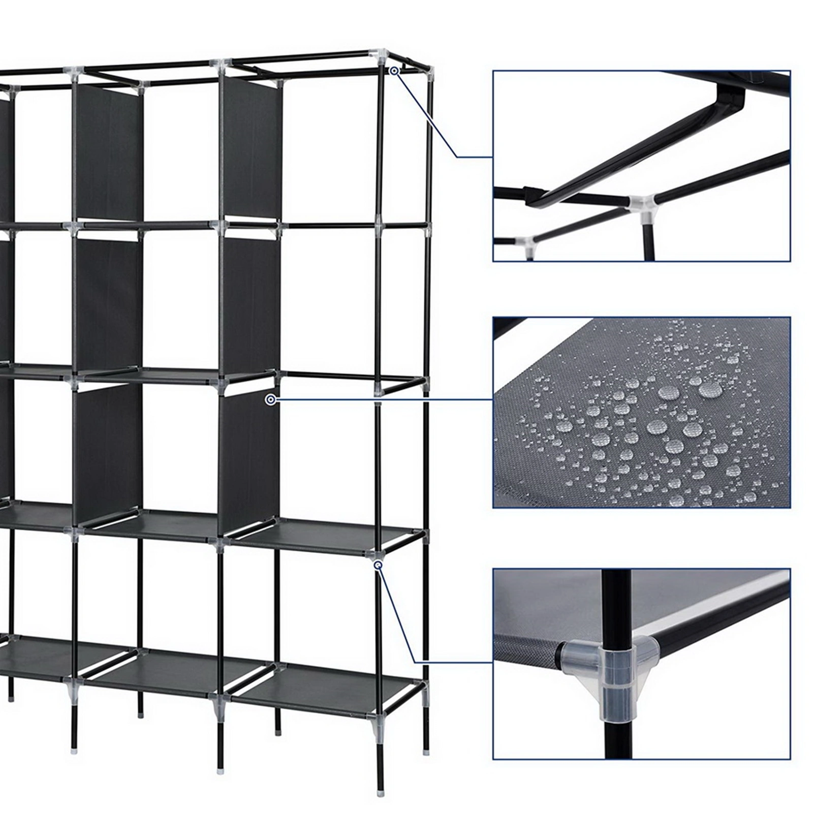 67" Clothes Closet Portable Wardrobe Clothes Storage Rack 12 Shelves 4 Side Pockets Gray view 5