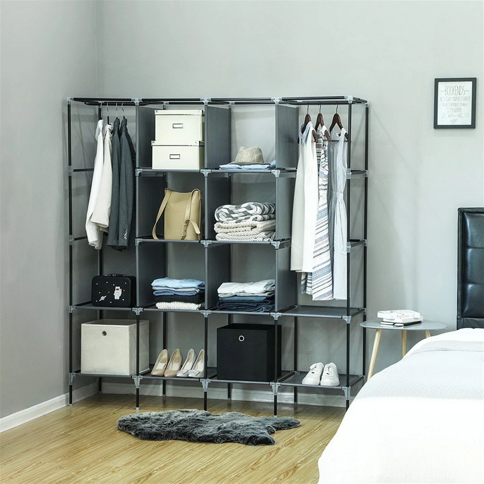 67" Clothes Closet Portable Wardrobe Clothes Storage Rack 12 Shelves 4 Side Pockets Gray view 6