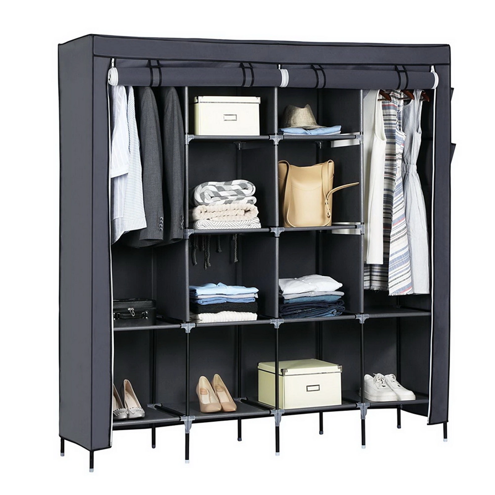 67" Clothes Closet Portable Wardrobe Clothes Storage Rack 12 Shelves 4 Side Pockets Gray view 7