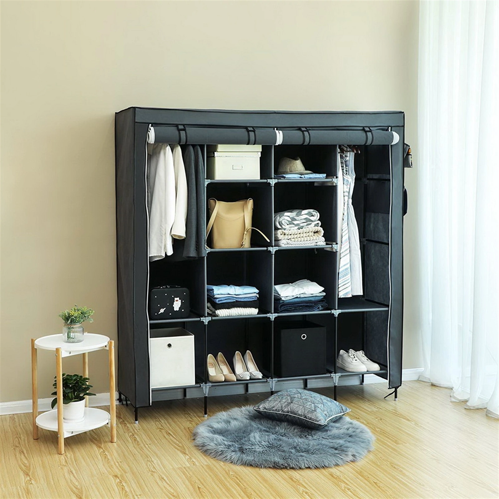 67" Clothes Closet Portable Wardrobe Clothes Storage Rack 12 Shelves 4 Side Pockets Gray view 8