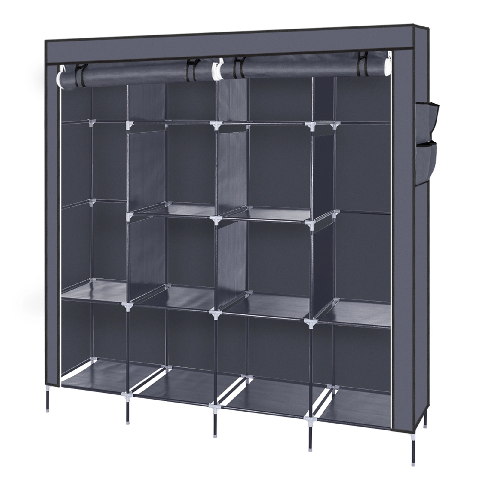 67" Clothes Closet Portable Wardrobe Clothes Storage Rack 12 Shelves 4 Side Pockets Gray view 9