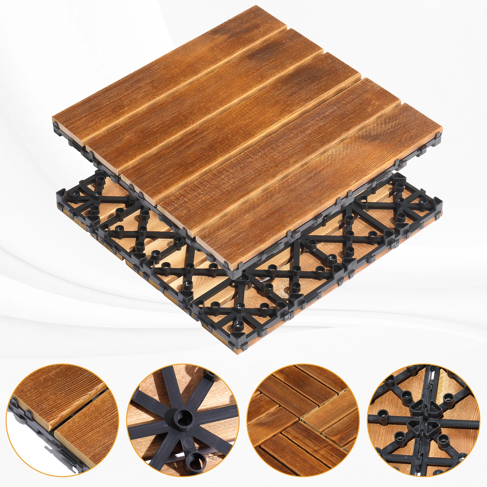 27pcs Wood Interlocking Deck Tiles 11.8"x11.8", Waterproof Flooring Tiles for Indoor and Outdoor, Patio Wood Flooring for Patio Porch Poolside Balcony Backyard, Stripe Pattern view 14