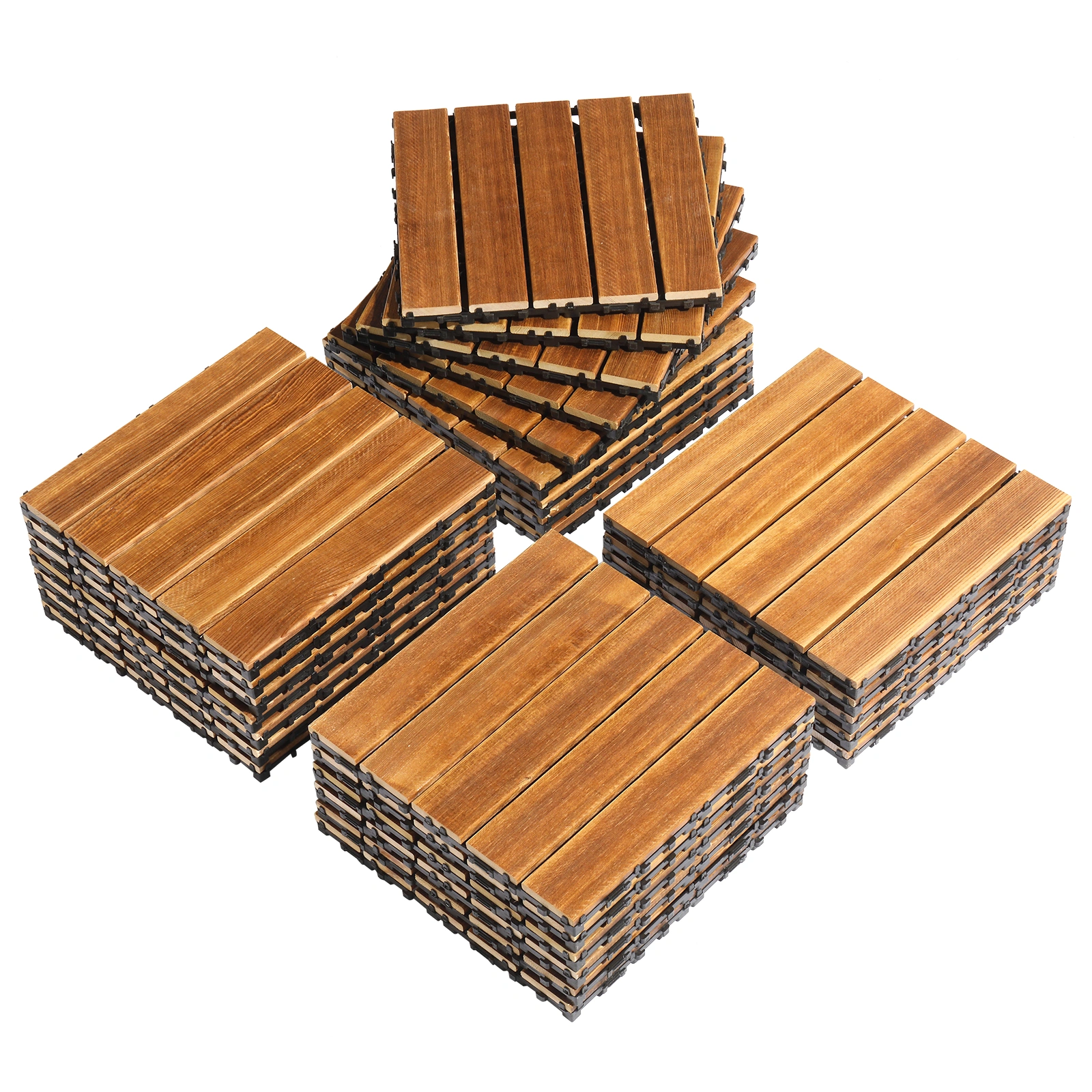 27pcs Wood Interlocking Deck Tiles 11.8"x11.8", Waterproof Flooring Tiles for Indoor and Outdoor, Patio Wood Flooring for Patio Porch Poolside Balcony Backyard, Stripe Pattern view 2