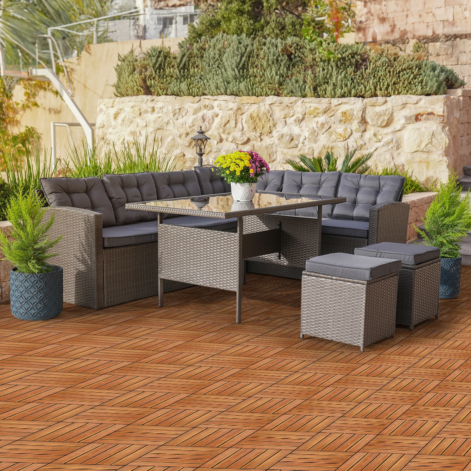 27pcs Wood Interlocking Deck Tiles 11.8"x11.8", Waterproof Flooring Tiles for Indoor and Outdoor, Patio Wood Flooring for Patio Porch Poolside Balcony Backyard, Stripe Pattern view 8