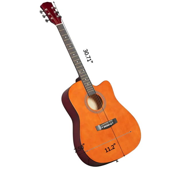 Brown 41-inch Dreadnought barrel-shaped cutaway acoustic guitar with pick, strings, capo, gig bag, tuner, wrench tool, and shoulder strap view 2