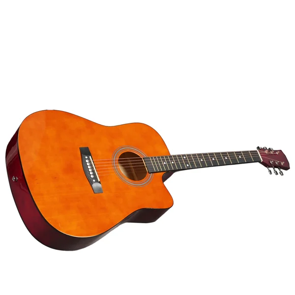 Brown 41-inch Dreadnought barrel-shaped cutaway acoustic guitar with pick, strings, capo, gig bag, tuner, wrench tool, and shoulder strap view 4