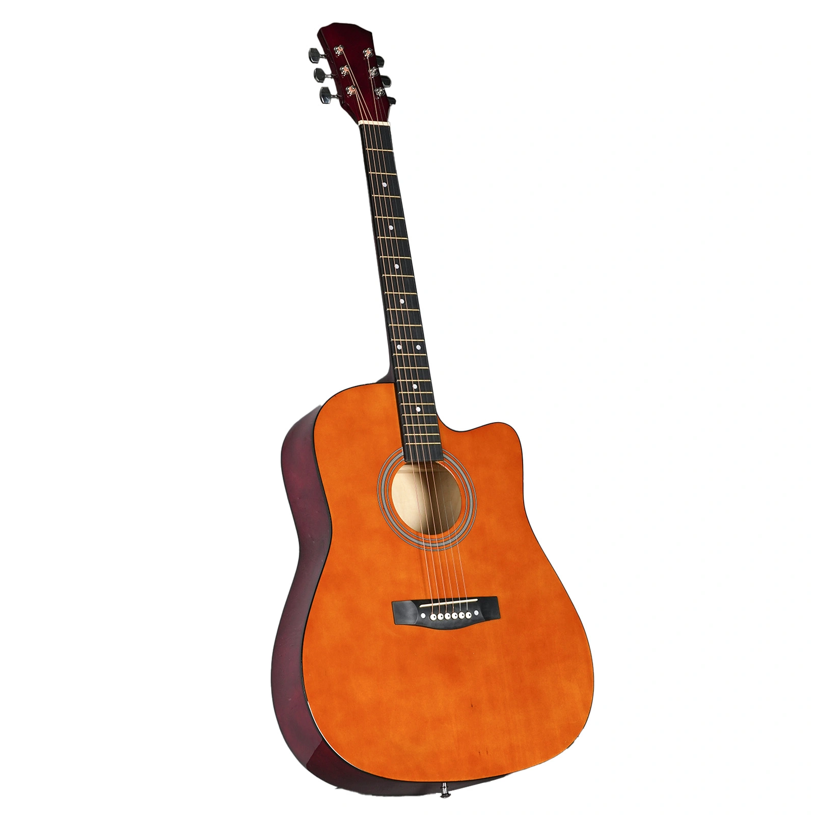 Brown 41-inch Dreadnought barrel-shaped cutaway acoustic guitar with pick, strings, capo, gig bag, tuner, wrench tool, and shoulder strap