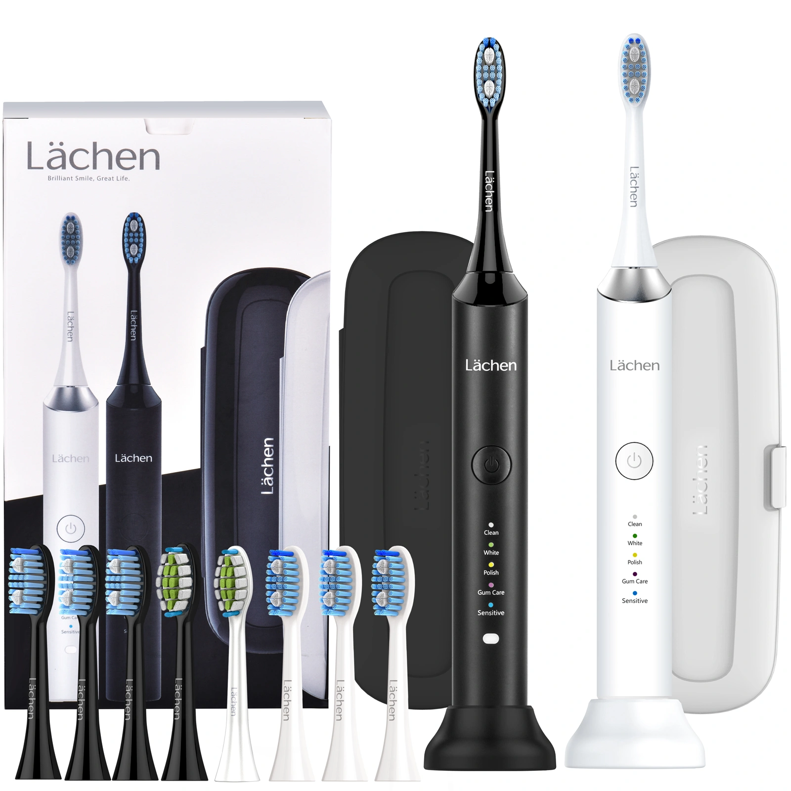 Schall Electric Toothbrush Sonic Double Pack, 2 Handles, 2 Travel Cases, 5 Modes, 10 Replacement Brush Heads