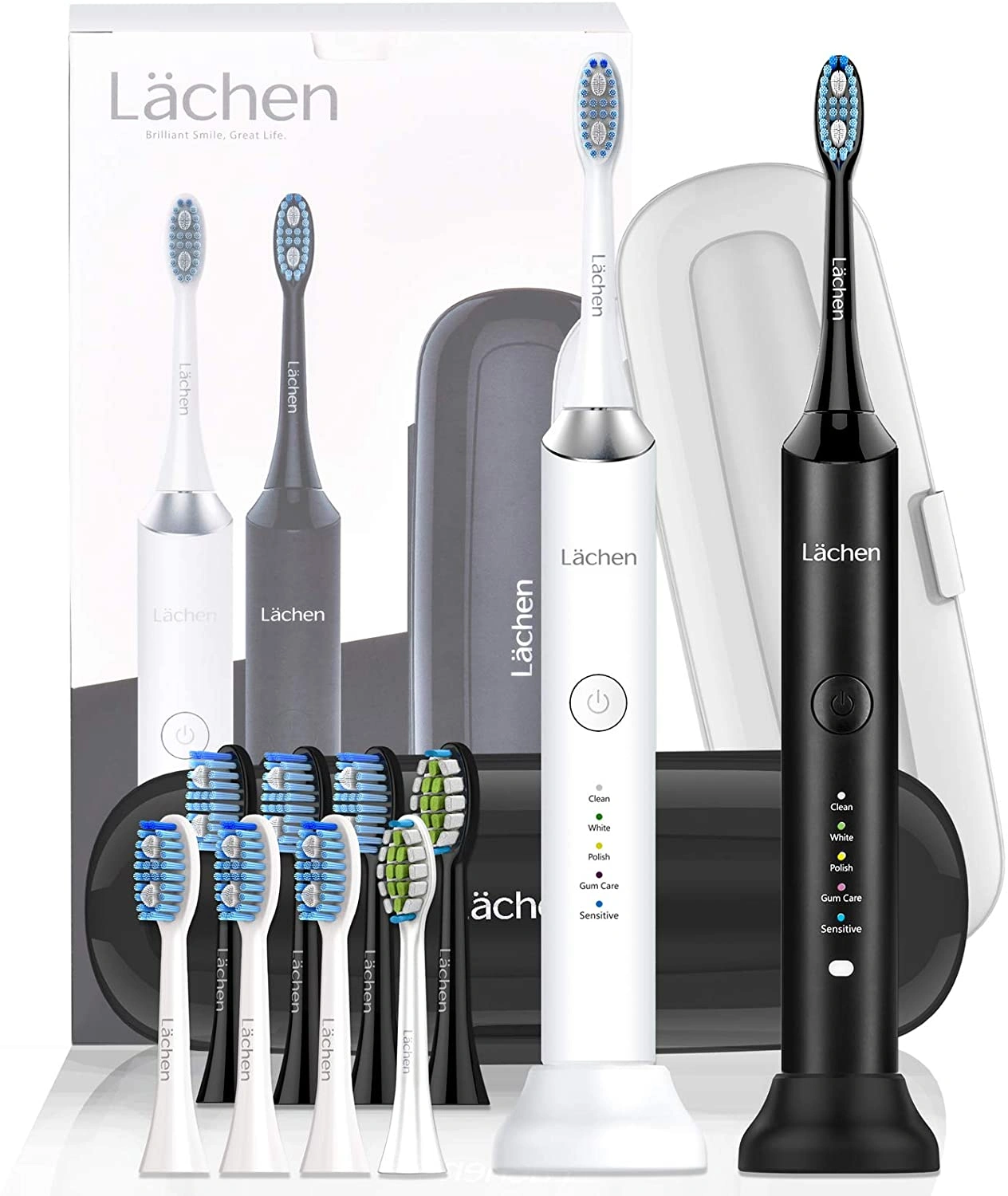 Schall Electric Toothbrush Sonic Double Pack, 2 Handles, 2 Travel Cases, 5 Modes, 10 Replacement Brush Heads view 2