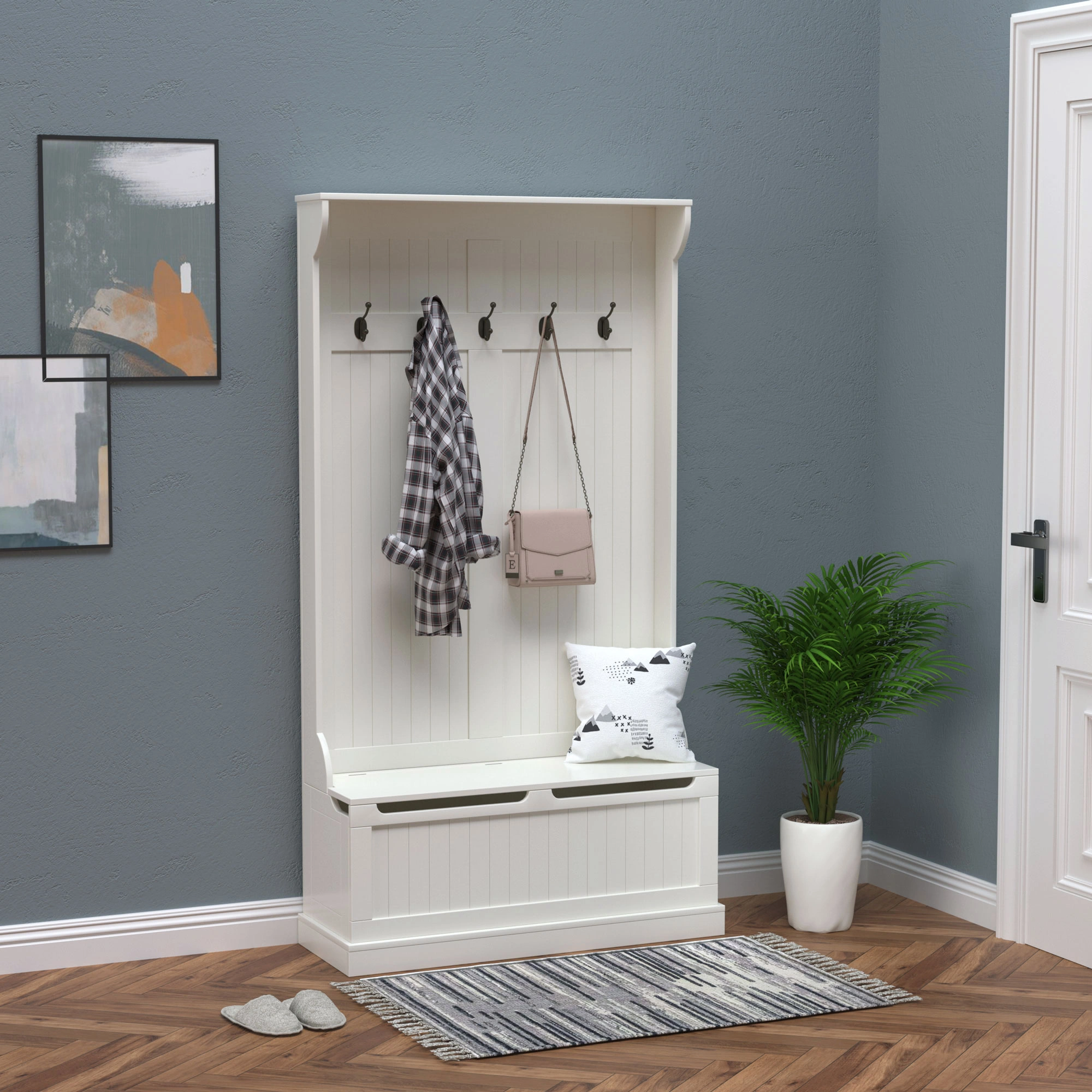 Hall Tree with Bench, Coat Rack & Umbrella Holder, Entryway Storage Organizer view 3