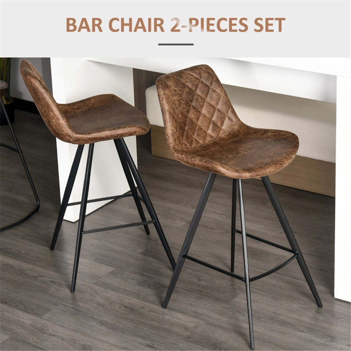 Ergonomic Bar Stool Set of 2,Height-Adjustable Dining Chair,Commercial Grade Office Chair,Metal Leg,Synthetic Leather Seat,Contemporary Black