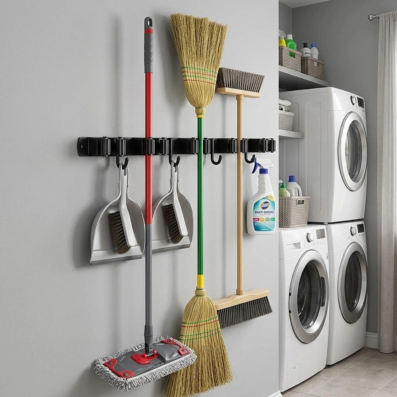 17 Inch Wall Mount Broom Holder Mop Organizer Adjustable Garage Garden Kitchen Storage view 5