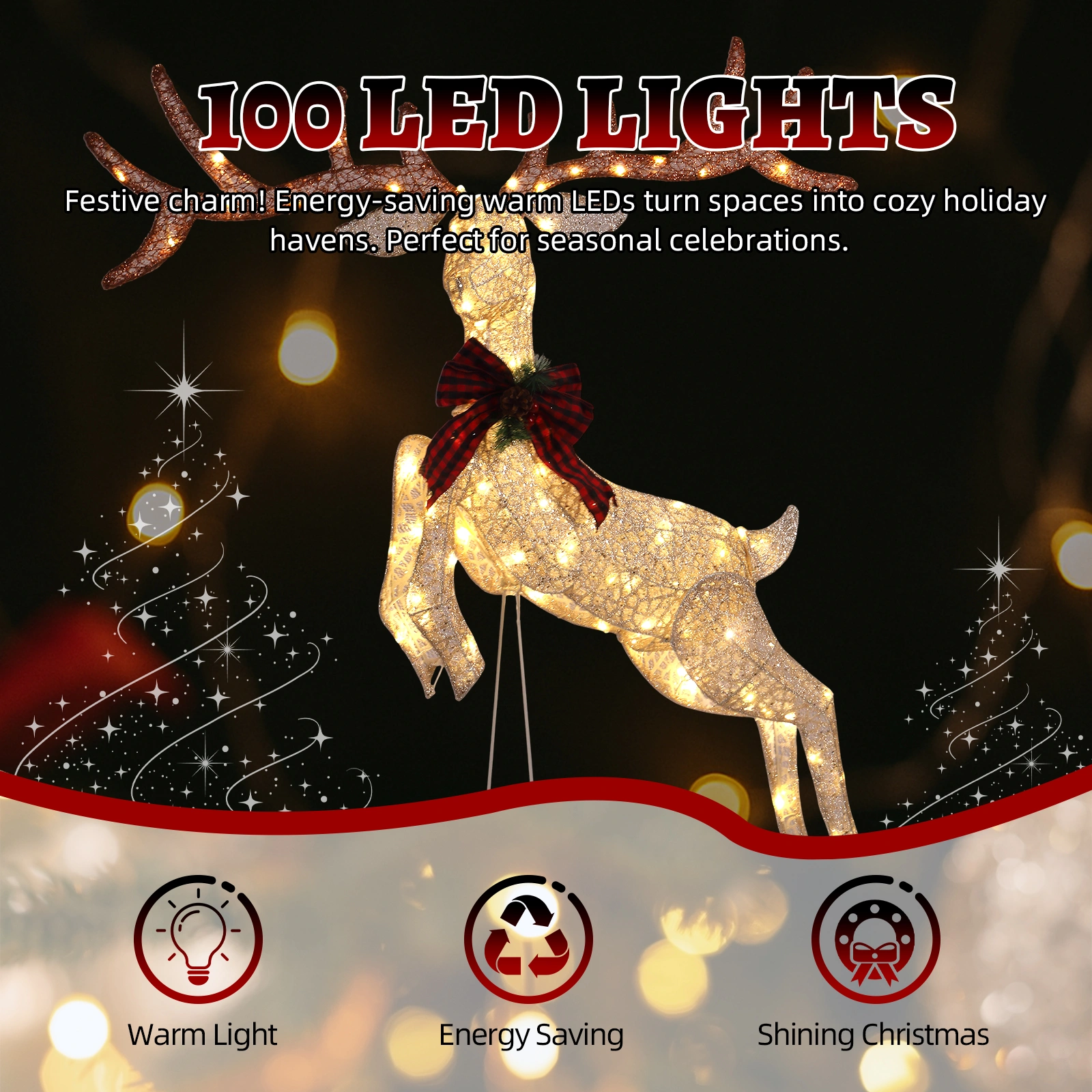 1.5m Lighted Jumping Reindeer Christmas Decoration, Pre-lit with 100 Warm White LED Lights for Outdoor Indoor Holiday Xmas Display view 15