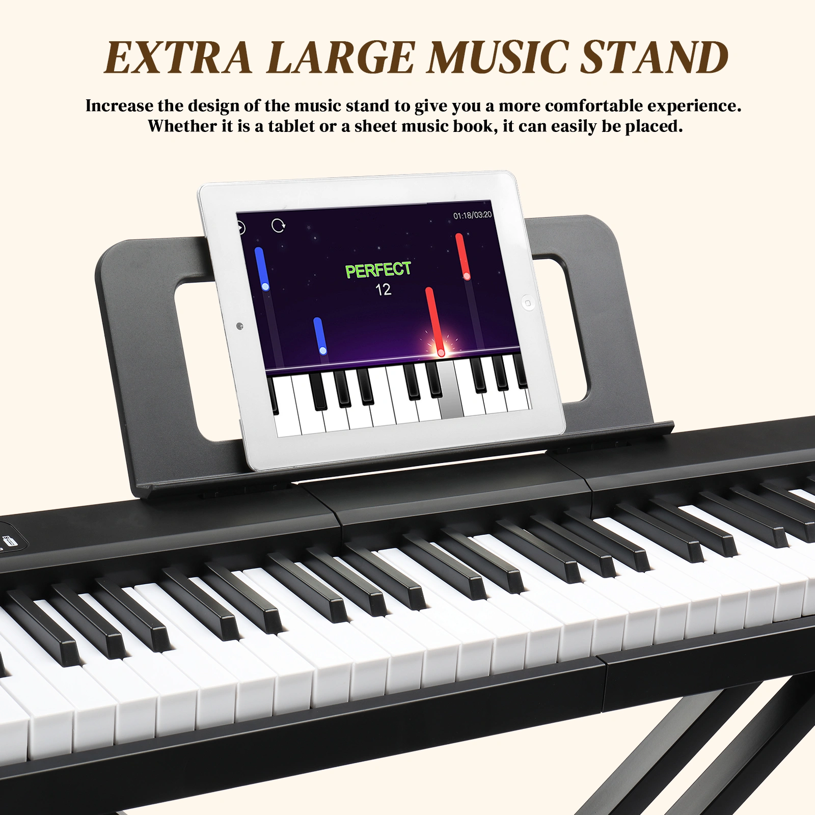 GPP-101 88 Key Digital Piano Full Size Semi-Weighted Keyboard with MIDI Bluetooth Headphone Output, Black view 3