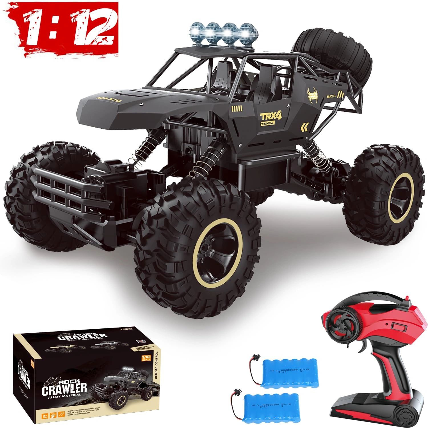 1:12 Rock Crawler 4WD Rechargeable RC Truck Metal Shell LED Headlights Remote Control Off Road