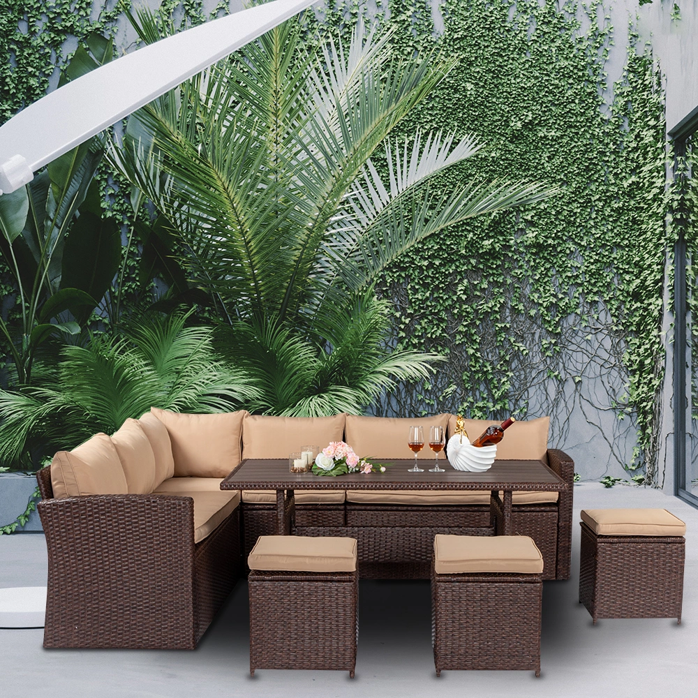 8-Piece Outdoor Rattan Dining Set Brown Wood Grain Rattan Table & Chairs Khaki Cushion Plastic Wood Surface 4 Boxes view 2