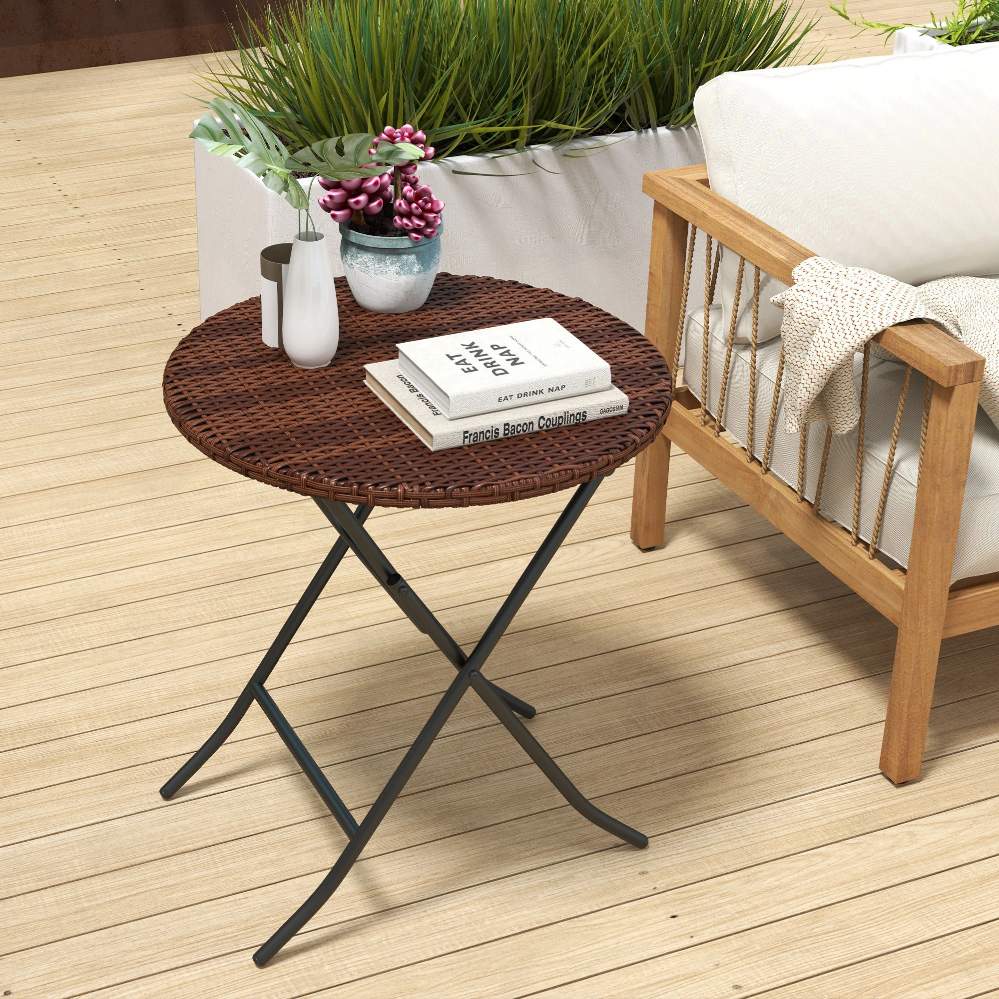 Handwoven Rattan Coffee Table, Mid-Century Modern accent Table with Geometric Pattern, Indoor Outdoor Furniture