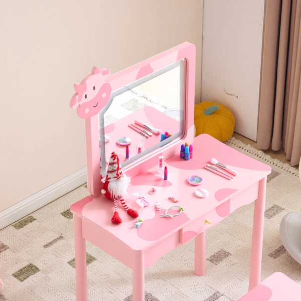 Pink MDF + solid wood legs, spray paint + silkscreen printing, cow pattern, 1-drawer children's dressing table set, LED three-color backlit touch switch view 3