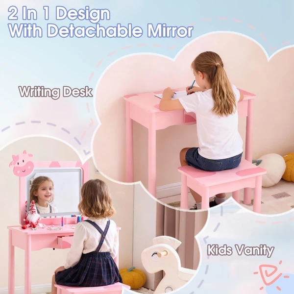 Pink MDF + solid wood legs, spray paint + silkscreen printing, cow pattern, 1-drawer children's dressing table set, LED three-color backlit touch switch view 5