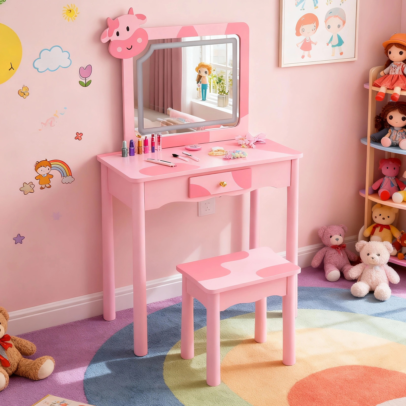 Pink MDF + solid wood legs, spray paint + silkscreen printing, cow pattern, 1-drawer children's dressing table set, LED three-color backlit touch switch view 2