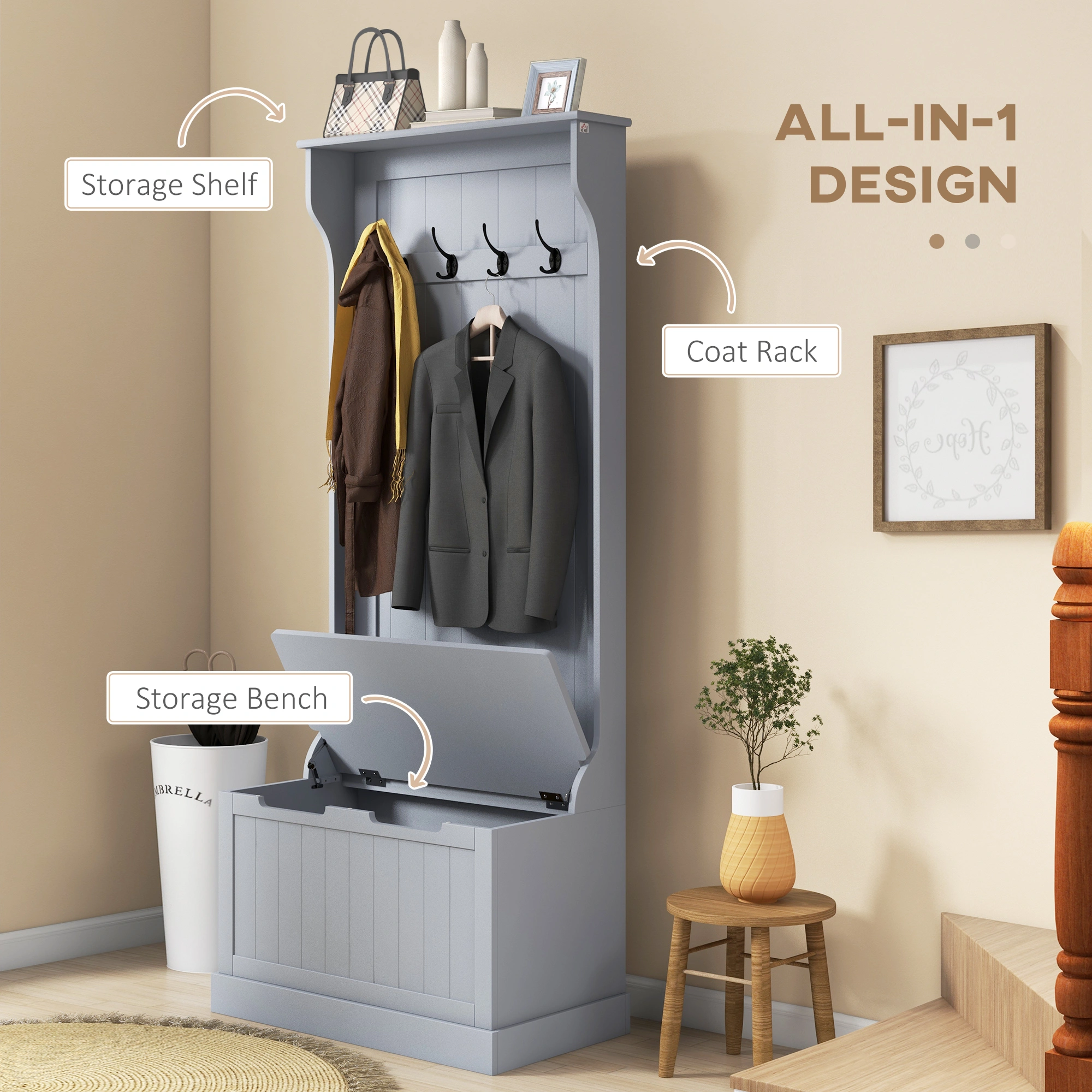 Hall Tree with Bench, Entryway Coat Rack with Shoe Storage Bench, Coat Stand with Hooks for Living Room, Entry, Bedroom, White view 3