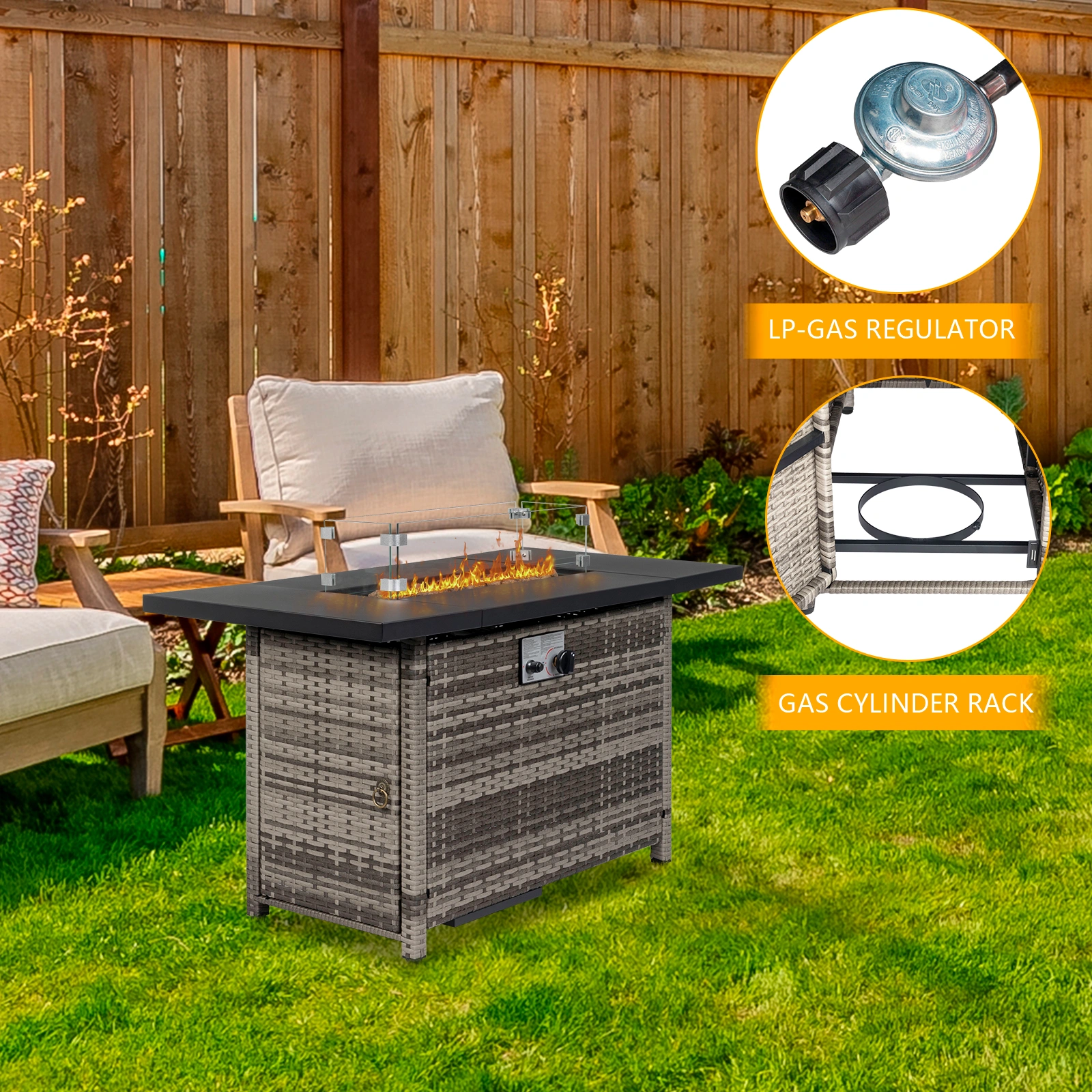 43-Inch Fire Table,50000 BTU Gas Firepit with Volcanic Stone Black view 10