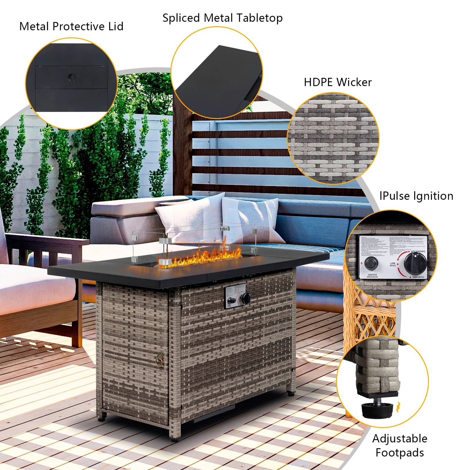 43-Inch Fire Table,50000 BTU Gas Firepit with Volcanic Stone Black view 9