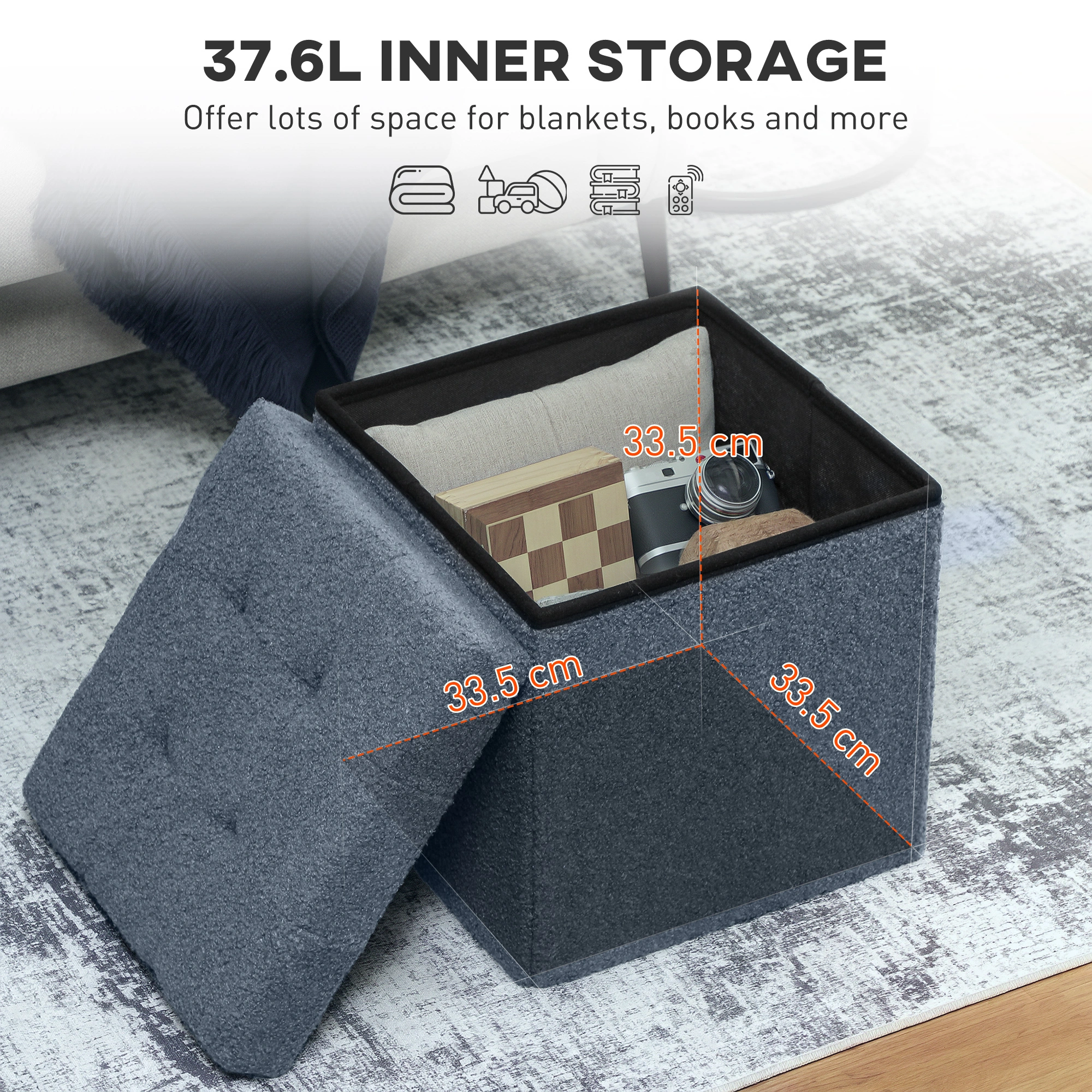 Large Ottoman Storage Box with Lid, Upholstered Foldable Storage Bench Seat Organizer for Bedroom Living Room, Footstool Cube view 5
