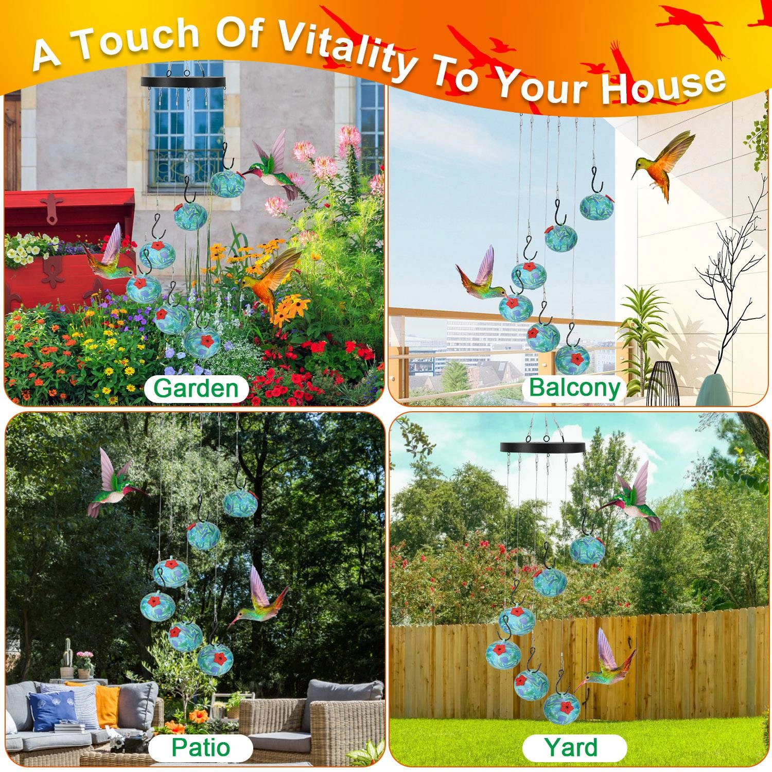 Wind Chimes Hummingbird Feeder for Outdoors Hanging, Unique Bird Feeder with Tongue-Protection Design, Garden Patio Yard Decor, Ideal Gift for Bird Lovers view 2