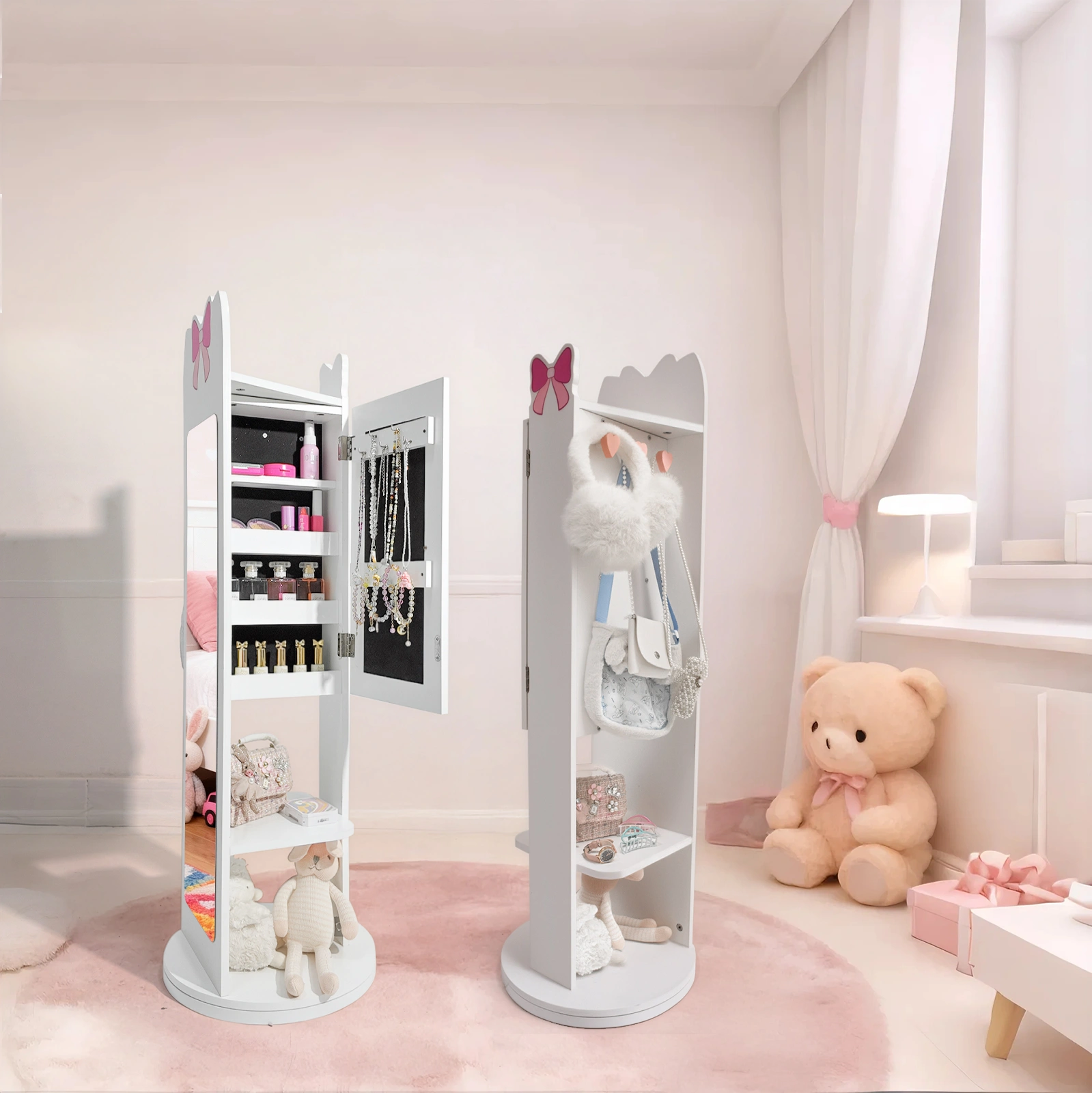White Bow Pattern MDF Children's Jewelry Mirror Cabinet, 1-Door 1-Shelf Rotatable Bottom, Painted Finish Storage