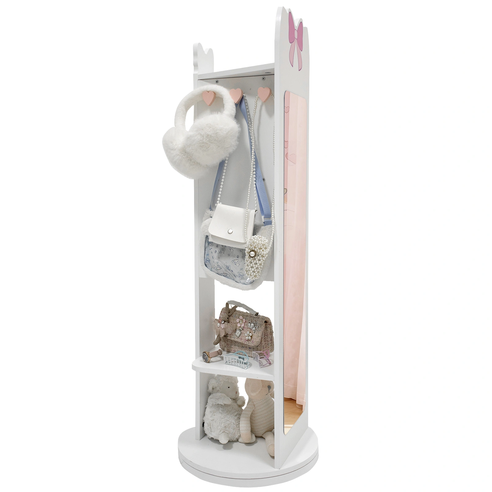 White Bow Pattern MDF Children's Jewelry Mirror Cabinet, 1-Door 1-Shelf Rotatable Bottom, Painted Finish Storage view 11