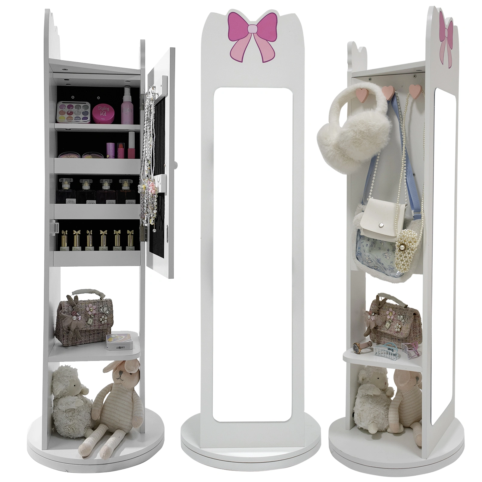 White Bow Pattern MDF Children's Jewelry Mirror Cabinet, 1-Door 1-Shelf Rotatable Bottom, Painted Finish Storage view 12