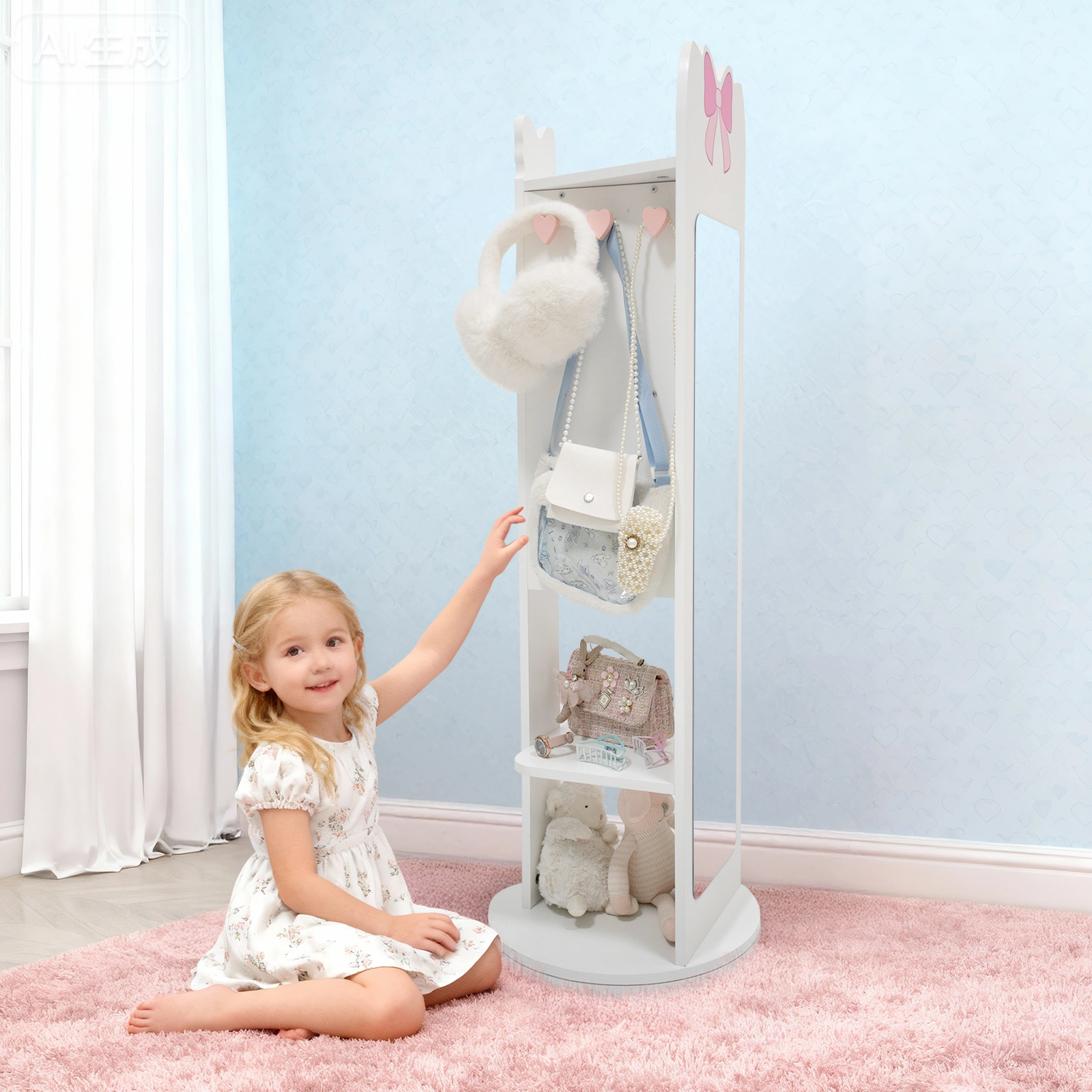 White Bow Pattern MDF Children's Jewelry Mirror Cabinet, 1-Door 1-Shelf Rotatable Bottom, Painted Finish Storage view 17