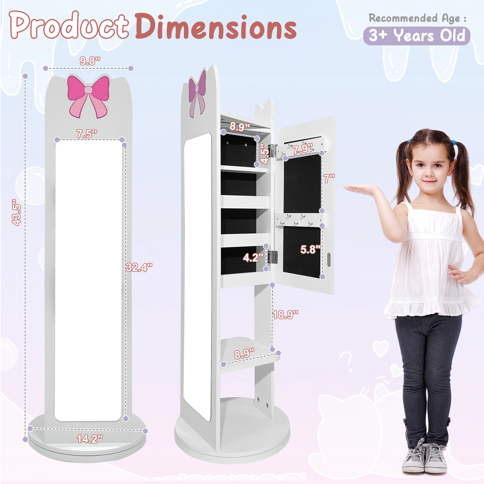 White Bow Pattern MDF Children's Jewelry Mirror Cabinet, 1-Door 1-Shelf Rotatable Bottom, Painted Finish Storage view 18